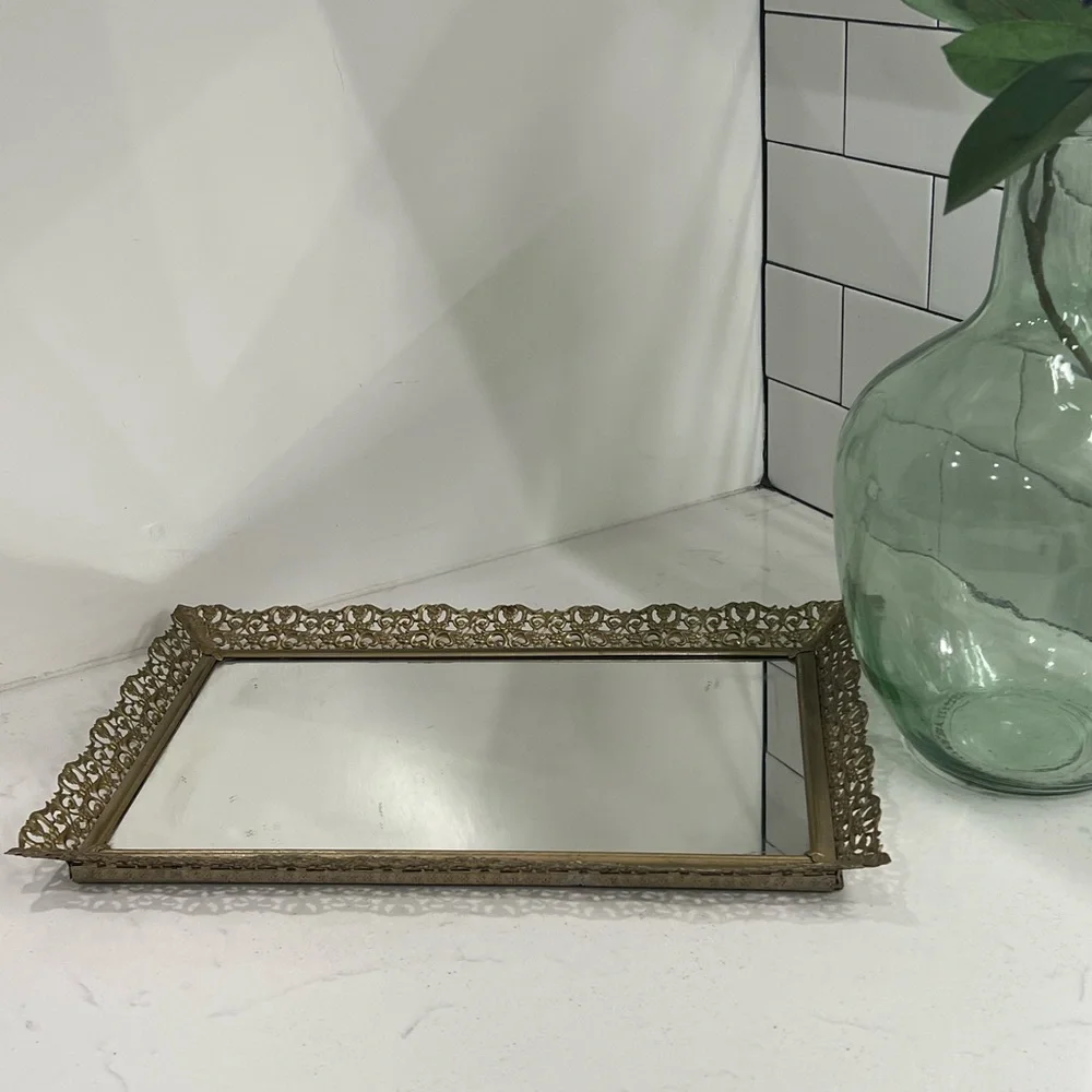 Vintage Gold Filigree Vanity Dresser Hollywood Regency Mirror Tray